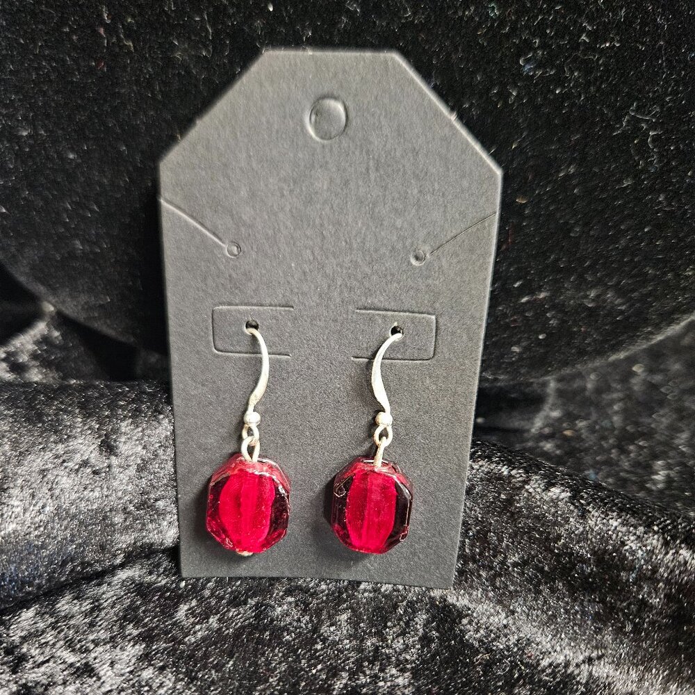 Earrings red octagon 3d shape dangle
